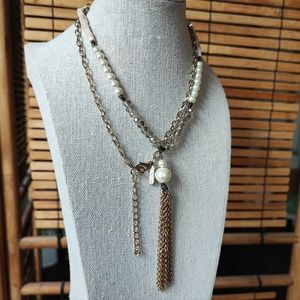 Panacea Long Gold Tone Faux Pearl Grey Faceted Crystal Tassle Necklace EUC